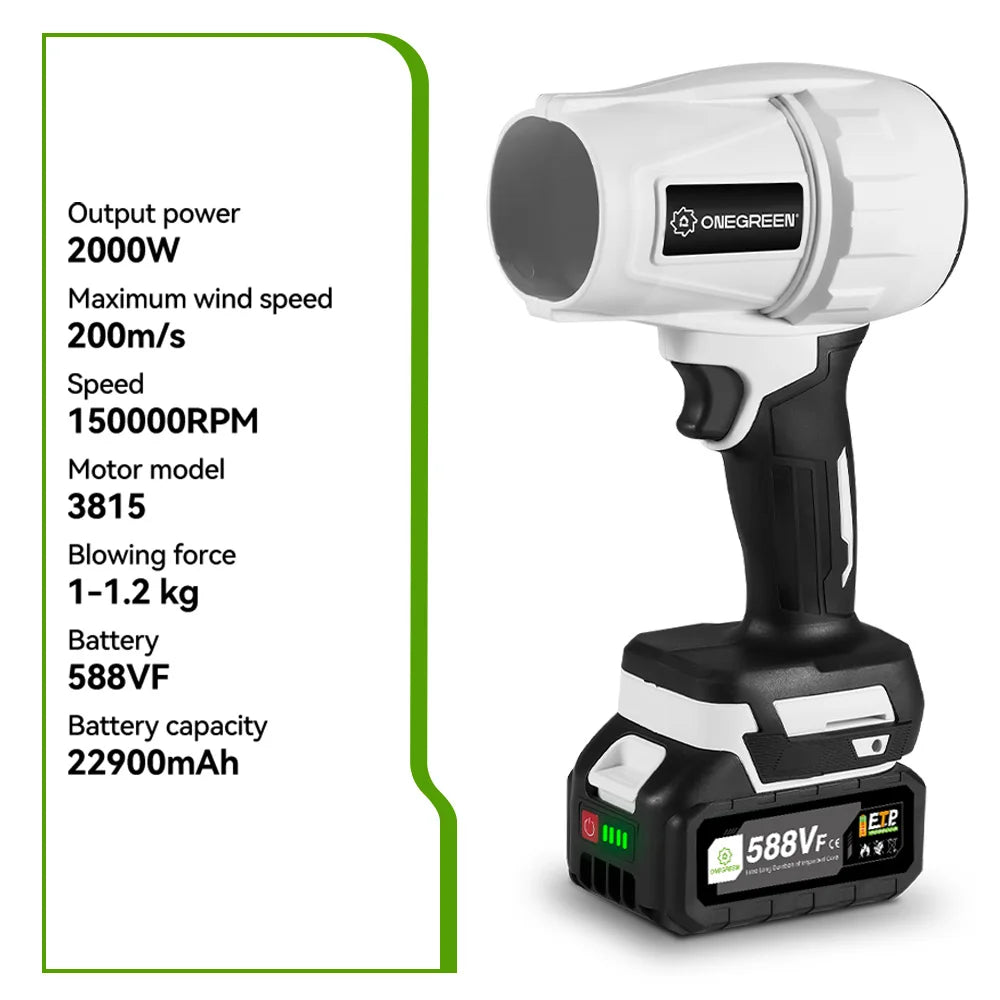 ONEGREEN Brushless 2000W Electric Turbo Blower Jet Fan 150000RPM Air Blower Violent Blowing Tool for Makita 18V Battery Pin