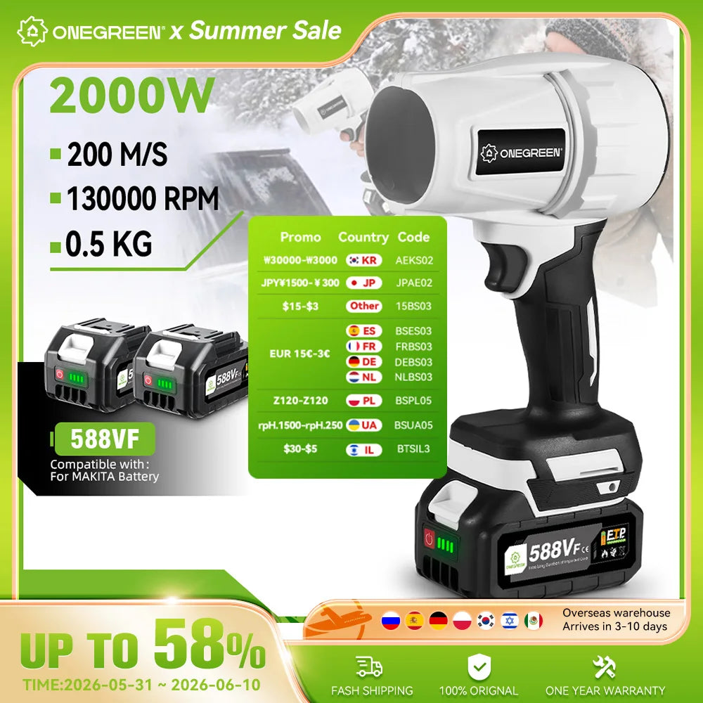 ONEGREEN Brushless 2000W Electric Turbo Blower Jet Fan 150000RPM Air Blower Violent Blowing Tool for Makita 18V Battery Pin