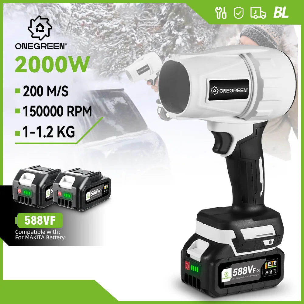 ONEGREEN Brushless 2000W Electric Turbo Blower Jet Fan 150000RPM Air Blower Violent Blowing Tool for Makita 18V Battery Pin