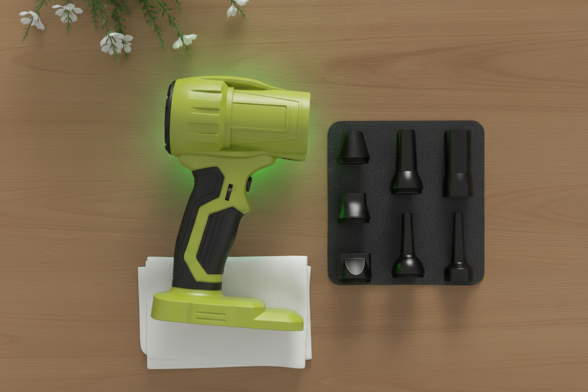 Flat-lay of the influxair™ turbo cordless blower, fluorescent green and black, on a warm background with subtle green and cha