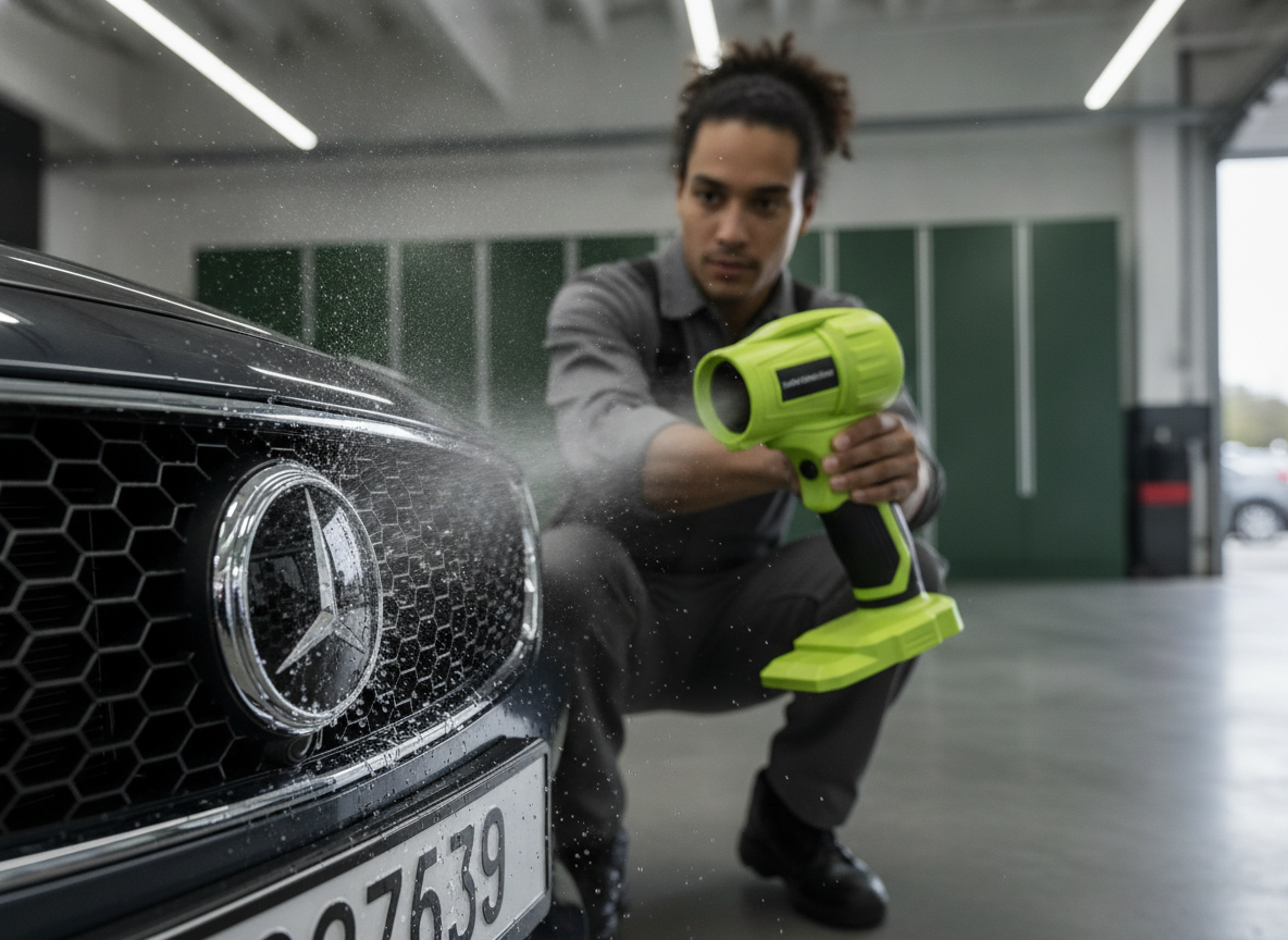 Close-up of a lime green and black influxair cordless blower precisely drying water from a car's intricate emblem, preventing